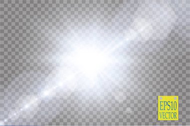 Vektör şeffaf güneş ışığı özel lens ışık efekti. Güneş ışığı ve spot ışıklarıyla parlıyor