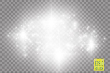 Şeffaf arkaplanda ışıklar. Sihirli kavram. Vektör beyaz parıltı dalgası soyut illüstrasyon. Beyaz yıldız tozu izleri izole edilmiş parlayan parçacıklar.