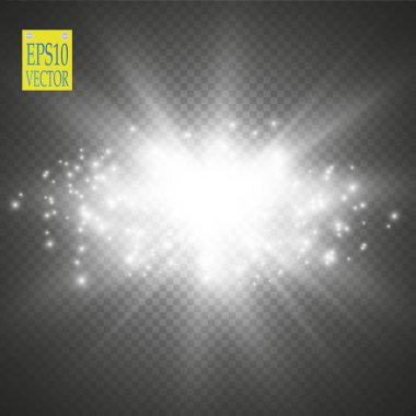 Parlak ışık efekti. Şeffaf arkaplanda parıldayan yıldız patlaması. Vektör çizimi. Güneş