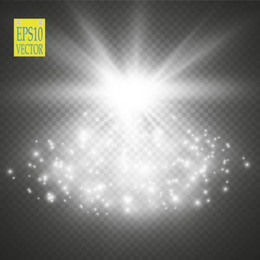 Parlak ışık efekti. Şeffaf arkaplanda parıldayan yıldız patlaması. Vektör çizimi. Güneş