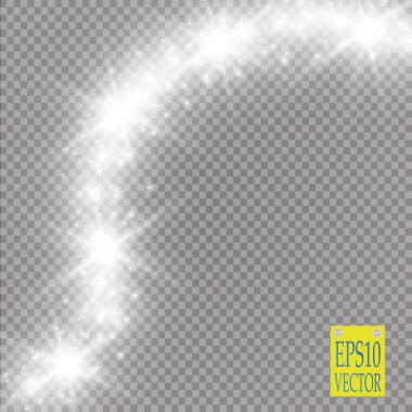 Şeffaf arkaplanda ışıklar. Sihirli kavram. Vektör beyaz parıltı dalgası soyut illüstrasyon. Beyaz yıldız tozu izleri izole edilmiş parlayan parçacıklar.