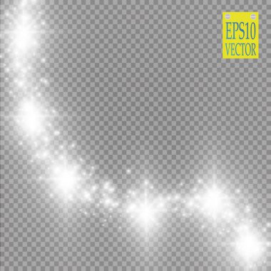Şeffaf arkaplanda ışıklar. Sihirli kavram. Vektör beyaz parıltı dalgası soyut illüstrasyon. Beyaz yıldız tozu izleri izole edilmiş parlayan parçacıklar.