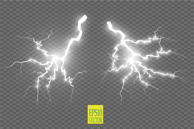 Yıldırım seti. Fırtına ve şimşekler. Sihir ve parlak ışık efektleri. Vektör İllüstrasyonu