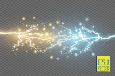 İki kuvvetin altın ve mavi ışıkla çarpışması. Vektör çizimi. Sıcak ve soğuk ışıl ışıl bir güç. Şeffaf arkaplanda elektrik boşalımlı enerji yıldırımı var. Vektör