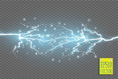 Mavi soyut enerji patlaması. Kıvılcımlı özel ışık efekti. Vektör ışıltısı yıldırım kümesi. Şeffaf arka planda elektriksel boşalma. Yüksek voltajlı çekirdek. Vektör