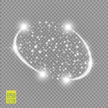 Soyut lüks vektör ışığı yarım daire şeklinde parlar ve ışık efektini ateşler. Şeffaf üzerinde ışıldayan mor bir çerçeve. Starlight hareket ediyor. Mesaj veya logo için bulanık bir boşluk. Vektör