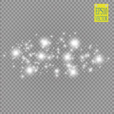 Şeffaf arkaplanda ışıklar. Sihirli kavram. Vektör beyaz parıltı dalgası soyut illüstrasyon. Beyaz yıldız tozu izleri izole edilmiş parlayan parçacıklar.