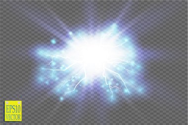 Mavi soyut enerji patlaması. Kıvılcımlı özel ışık efekti. Vektör ışıltısı yıldırım kümesi. Şeffaf arka planda elektriksel boşalma. Yüksek voltajlı çekirdek. Vektör