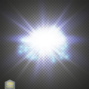 Mavi soyut enerji patlaması. Kıvılcımlı özel ışık efekti. Vektör ışıltısı yıldırım kümesi. Şeffaf arka planda elektriksel boşalma. Yüksek voltajlı çekirdek. Vektör