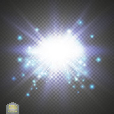 Mavi soyut enerji patlaması. Kıvılcımlı özel ışık efekti. Vektör ışıltısı yıldırım kümesi. Şeffaf arka planda elektriksel boşalma. Yüksek voltajlı çekirdek. Vektör