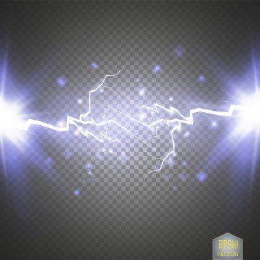 Mavi soyut enerji patlaması. Kıvılcımlı özel ışık efekti. Vektör ışıltısı yıldırım kümesi. Şeffaf arka planda elektriksel boşalma. Yüksek voltajlı çekirdek. Vektör