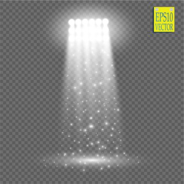 Şeffaf arkaplanda beyaz ışık efekti. Parıltı ışınıyla aydınlatılan kıvılcımlı konser sahnesi. Stadyum projektörü. Gösteri odası. Vektör