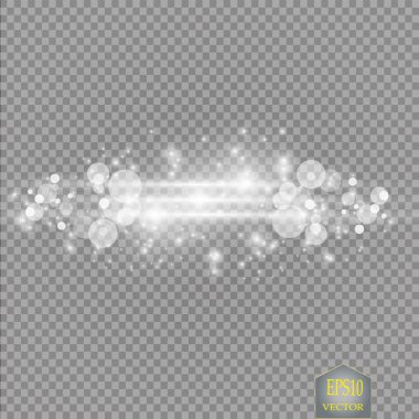 Hazır ol. Parlayan yıldız, güneş parçacıkları ve parlak bir efektle kıvılcımlar, renkli bokeh ışıkları parıltı ve pullar. Koyu bir arka planda şeffaf. Vektör,