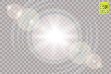 Vektör şeffaf güneş ışığı özel lens ışık efekti. Güneş ışınları ve spot ışıklarıyla parlıyor. 10 saniye.