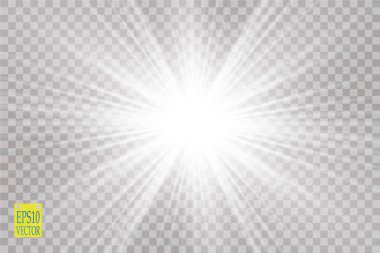 Parlak ışık efekti. Şeffaf arkaplanda parıldayan yıldız patlaması. Vektör çizimi. Güneş