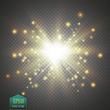 Parlak ışık efekti. Şeffaf arkaplanda parıldayan yıldız patlaması. Vektör çizimi. Güneş