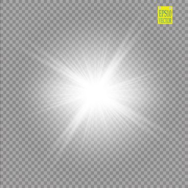 Parlak ışık efekti. Şeffaf arkaplanda parıldayan yıldız patlaması. Vektör çizimi. Güneş
