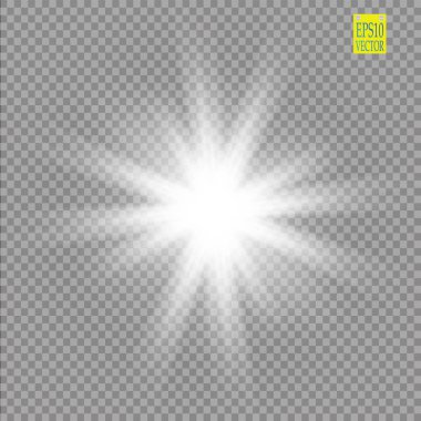 Parlak ışık efekti. Şeffaf arkaplanda parıldayan yıldız patlaması. Vektör çizimi. Güneş
