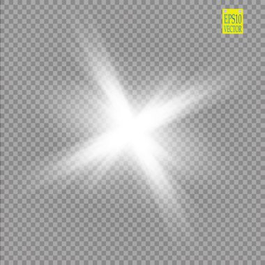 Parlak ışık efekti. Şeffaf arkaplanda parıldayan yıldız patlaması. Vektör çizimi. Güneş