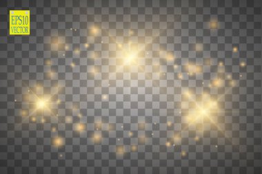 Vektör altın parıltılı dalga çizimi. Altın yıldız tozu izleri, şeffaf arkaplanda izole edilmiş ışıldayan parçacıklar. Sihirli kavram