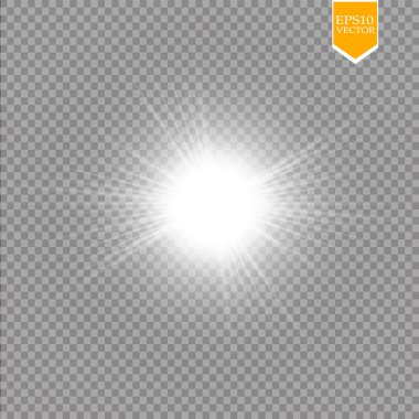 Parlak ışık efekti. Şeffaf arkaplanda parıldayan yıldız patlaması. Vektör çizimi. Güneş