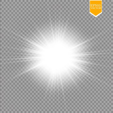 Parlak ışık efekti. Şeffaf arkaplanda parıldayan yıldız patlaması. Vektör çizimi. Güneş
