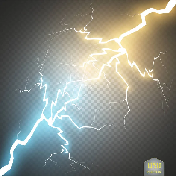 İki kuvvetin altın ve mavi ışıkla çarpışması. Vektör çizimi. Sıcak ve soğuk ışıl ışıl bir güç. Şeffaf arkaplanda elektrik boşalımlı enerji yıldırımı var. Vektör