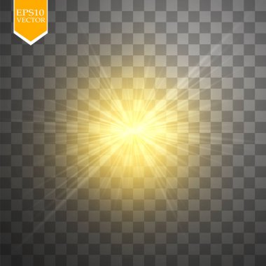 Parlak ışık efekti. Şeffaf arkaplanda parıldayan yıldız patlaması. Vektör çizimi. Güneş