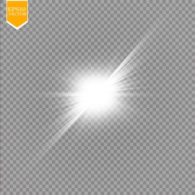 Parlak ışık efekti. Şeffaf arkaplanda parıldayan yıldız patlaması. Vektör illüstrasyonu.