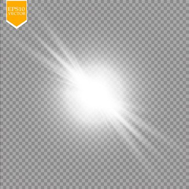 Parlak ışık efekti. Şeffaf arkaplanda parıldayan yıldız patlaması. Vektör çizimi. Güneş