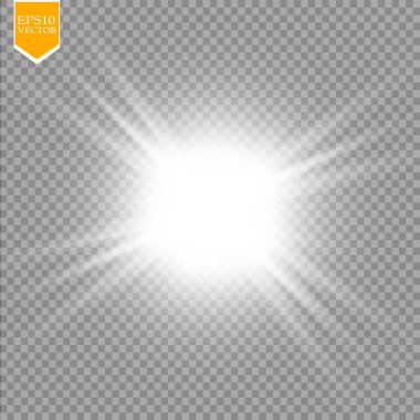 Parlak ışık efekti. Şeffaf arkaplanda parıldayan yıldız patlaması. Vektör çizimi. Güneş