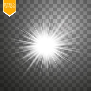 Parlak ışık efekti. Şeffaf arkaplanda parıldayan yıldız patlaması. Vektör çizimi. Güneş