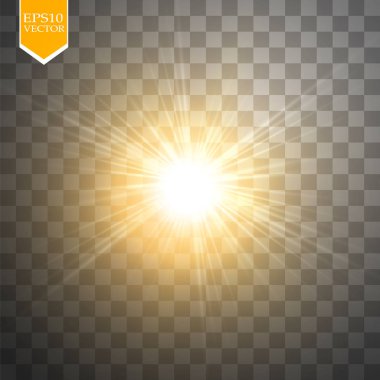 Parlak ışık efekti. Şeffaf arkaplanda parıldayan yıldız patlaması. Vektör çizimi. Güneş