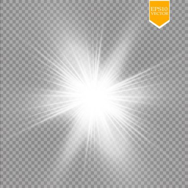 Parlak ışık efekti. Şeffaf arkaplanda parıldayan yıldız patlaması. Vektör çizimi. Güneş
