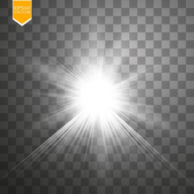 Parlak ışık efekti. Şeffaf arkaplanda parıldayan yıldız patlaması. Vektör çizimi. Güneş