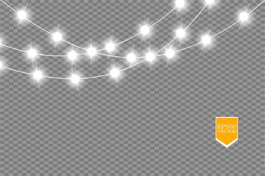 Şeffaf arka planda izole edilmiş Noel ışıkları. Parlayan Xmas çelengi. Vektör