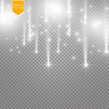 Şeffaf arkaplanda izole edilmiş vektör yağmuru kuyruklu yıldızları. Işıklar. Sihirli kavram. Vektör beyaz parıltı dalgası soyut illüstrasyon. Beyaz yıldız tozu izleri izole edilmiş parlayan parçacıklar.