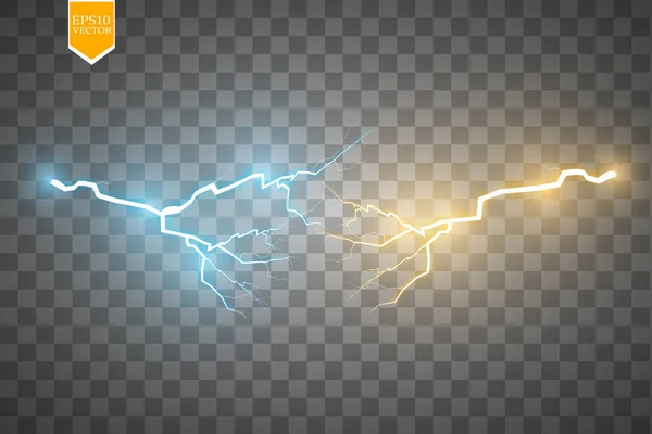 两种力与金光和蓝光的碰撞 矢量图解 冷热的闪光的力量 在透明背景下与放电隔离的能量闪电 — 图库矢量图片