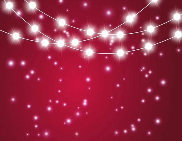 Noel Arkaplanı Yılbaşı Işıkları Kırmızı Zemin Üzerinde Parlak Parçacıklarla Izole — Stok Vektör