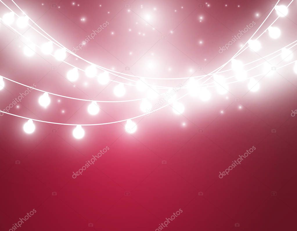 Christmas background with xmas lights. Vector glowing garland isolated on red background with shine particles. Vector