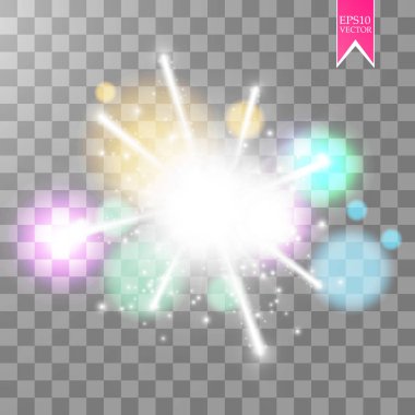 Saydam arka plan üzerinde renkli havai fişek patlama. Beyaz, altın ve sarı ışıklar. Yeni yıl, Doğum günü ve tatil kutlamaları havai fişek siyah. Soyut vektör çizim. EPS 10