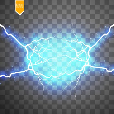 Mavi soyut enerji patlaması. Kıvılcımlı özel ışık efekti. Vektör ışıltısı yıldırım kümesi. Şeffaf arka planda elektriksel boşalma. Yüksek voltajlı çekirdek. Vektör