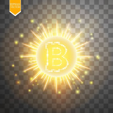 Bitcoin sikke pırıltılar ile altın patlama arka plan üzerinde yıldız ve şeffaf arka plan üzerinde parıldıyor. Vektör