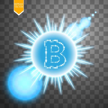 Bitcoin para pırıltılar ile mavi patlama arka plan üzerinde yıldız ve şeffaf arka plan üzerinde parlama sparkles ve neon. Vektör