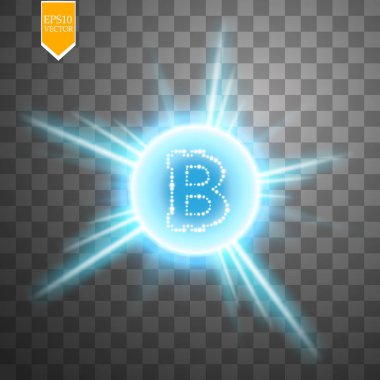 Bitcoin sikke pırıltılar ile mavi patlama arka plan üzerinde yıldız ve şeffaf arka plan üzerinde parıldıyor. Vektör