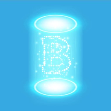 Bitcoin madencilik, kavramsal çizimi... Dijital para. Cryptocurrency konsept tasarımı. Nesil parçacıklar enerji mavi zemin üzerine işaret bitcoin. Vektör çizim. EPS 10.