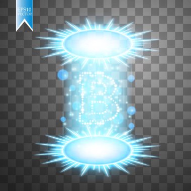 Bitcoin madencilik, kavramsal çizimi... Dijital para. Cryptocurrency konsept tasarımı. Şeffaf arka plan ile üretimi parçacıklar enerji üzerinde işareti bitcoin. Vektör çizim. EPS 10.