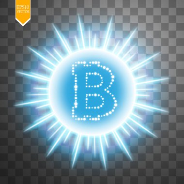 Bitcoin sikke üzerinde patlama arka plan mavi yıldızlar parlıyor ve şeffaf arka plan üzerinde parıldıyor. Vektör