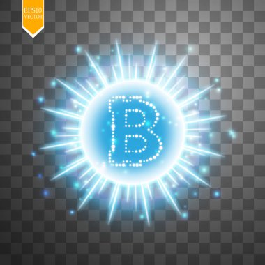 Bitcoin sikke üzerinde patlama arka plan mavi yıldızlar parlıyor ve şeffaf arka plan üzerinde parıldıyor. Vektör