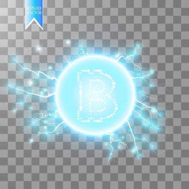 Bitcoin madencilik, kavramsal çizimi... Dijital para. Cryptocurrency konsept tasarımı. Şeffaf arka plan ile üretimi parçacıklar enerji üzerinde işareti bitcoin. Vektör çizim. EPS 10.